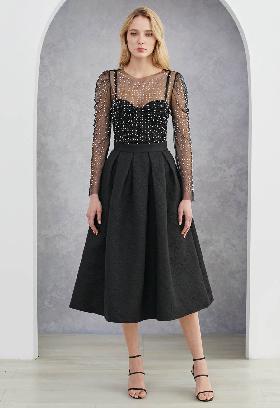 Puff Sleeve Pearl Embellished Sheer Mesh Crop Top in Black