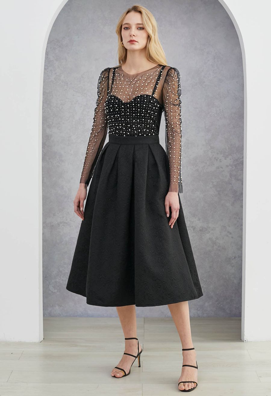 Puff Sleeve Pearl Embellished Sheer Mesh Crop Top in Black