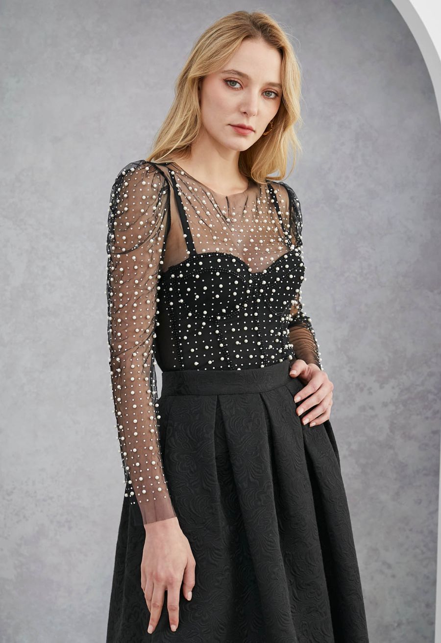 Puff Sleeve Pearl Embellished Sheer Mesh Crop Top in Black