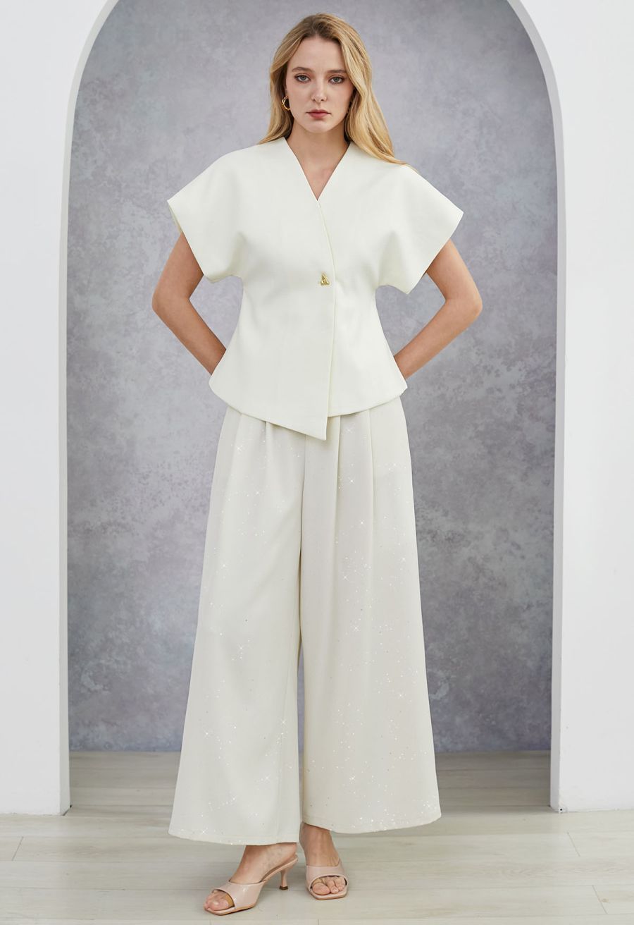 Triangle Button V-Neck Batwing Sleeve Top in White