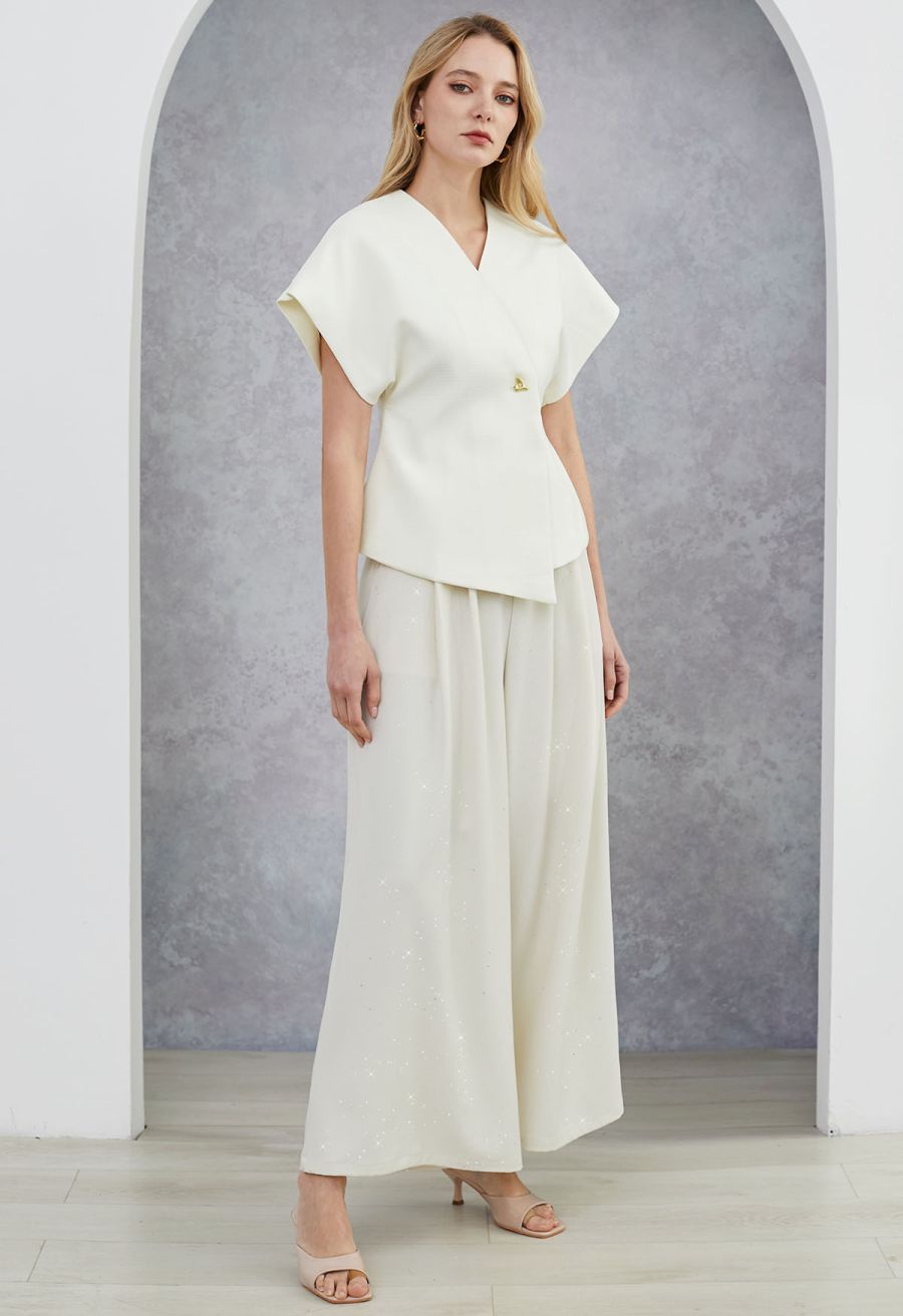 Triangle Button V-Neck Batwing Sleeve Top in White