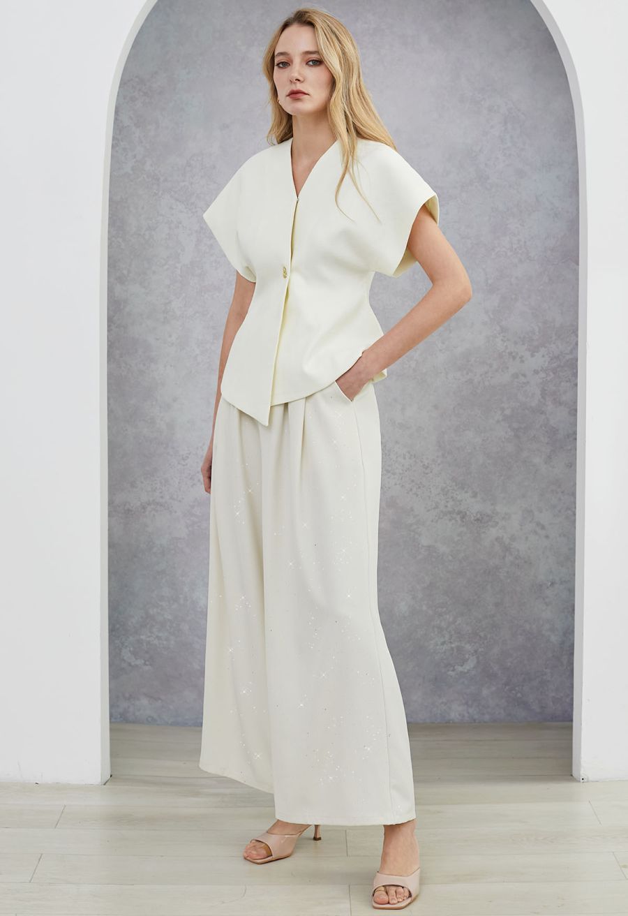 Triangle Button V-Neck Batwing Sleeve Top in White