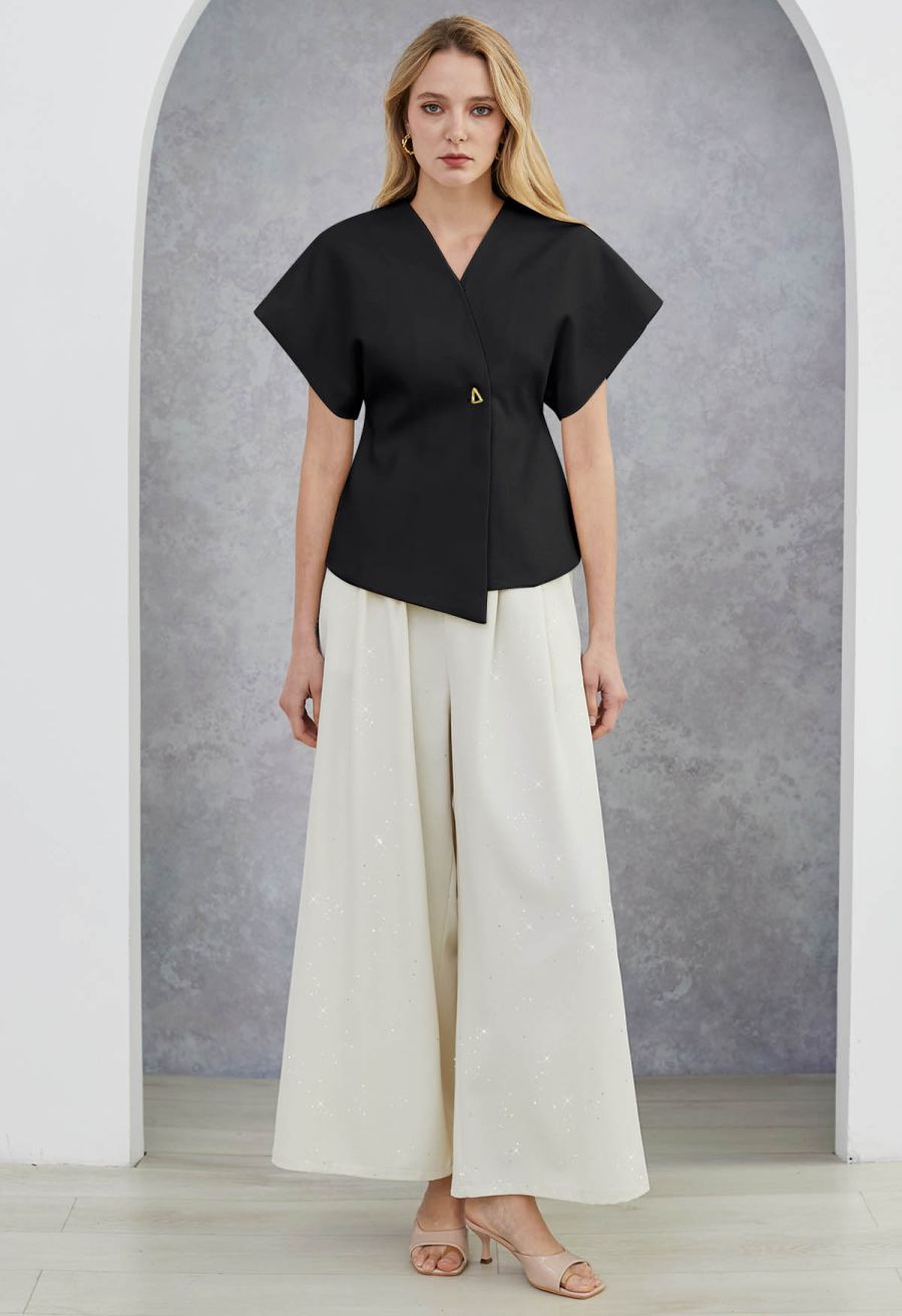 Triangle Button V-Neck Batwing Sleeve Top in Black