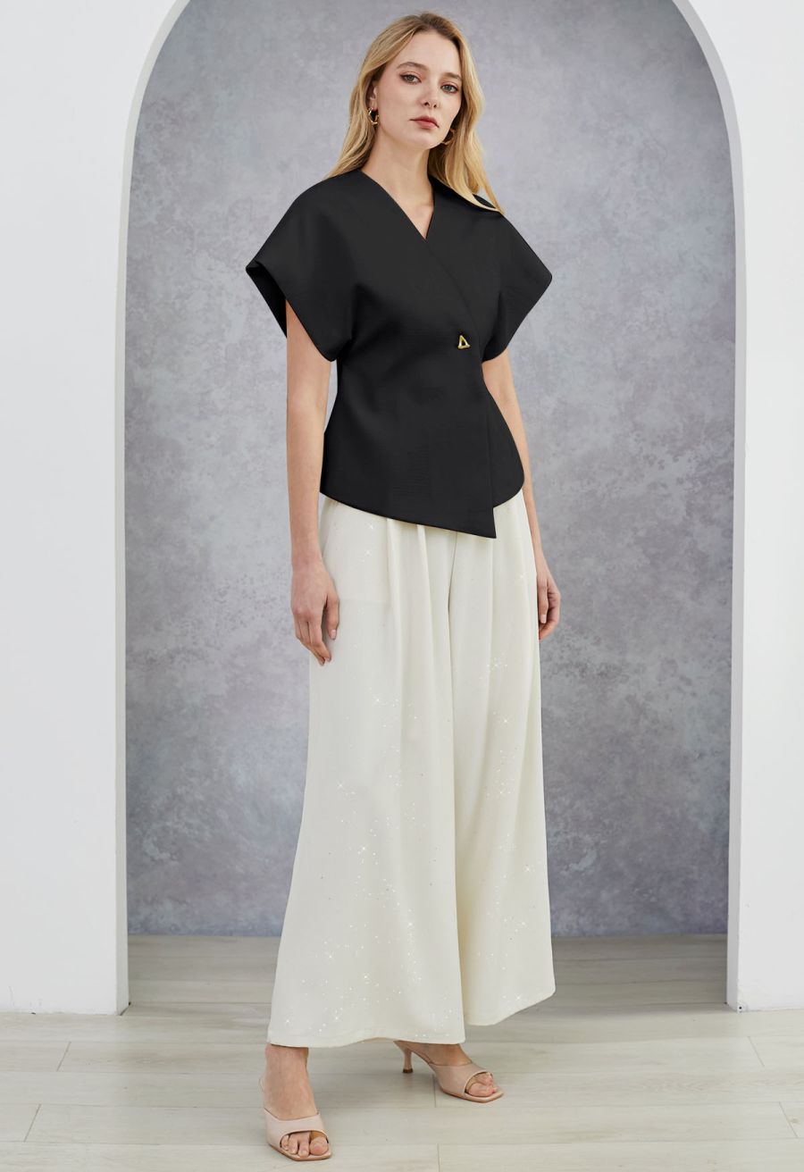 Triangle Button V-Neck Batwing Sleeve Top in Black
