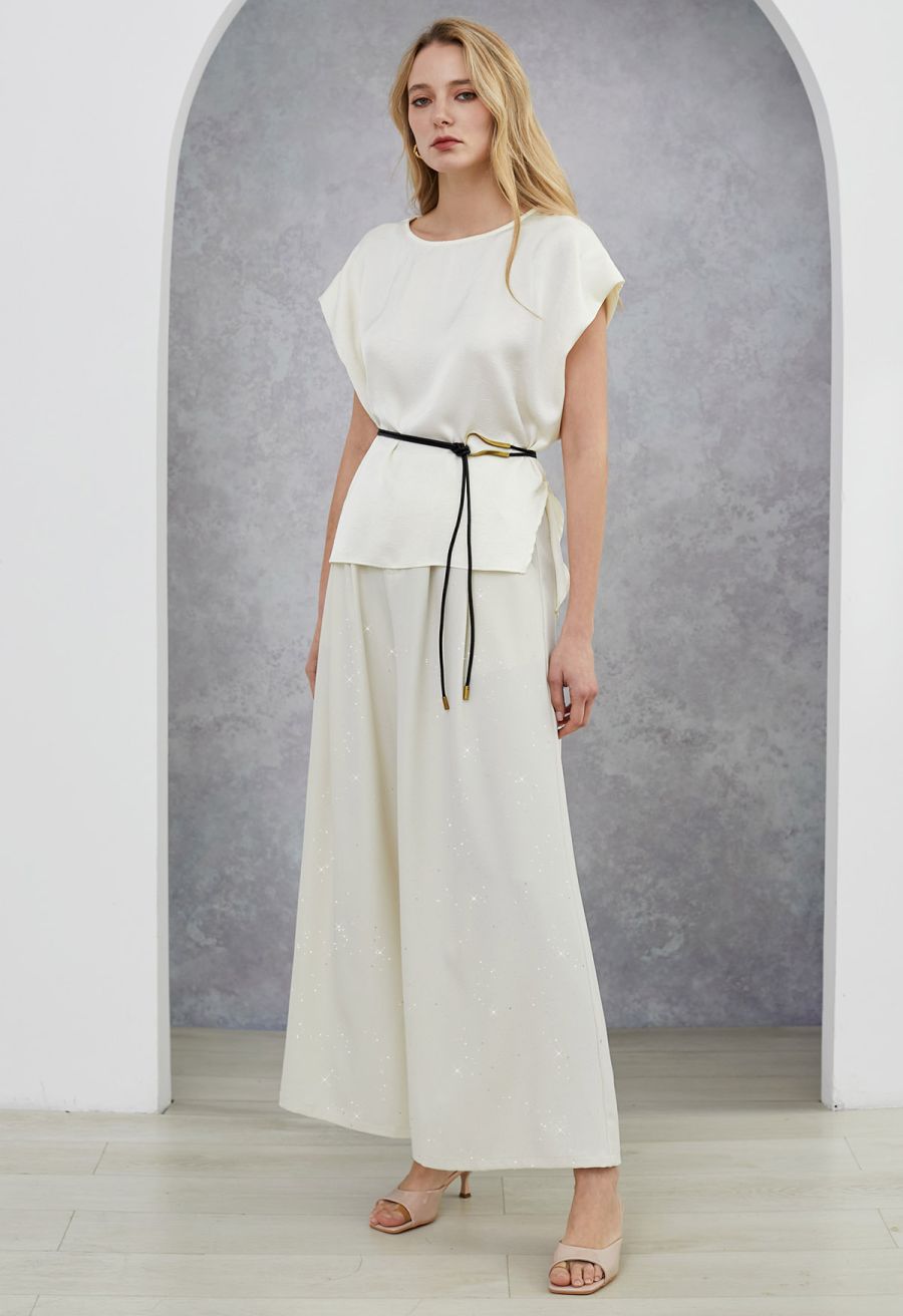 Tie-String Batwing Sleeve Texture Satin Top in Cream