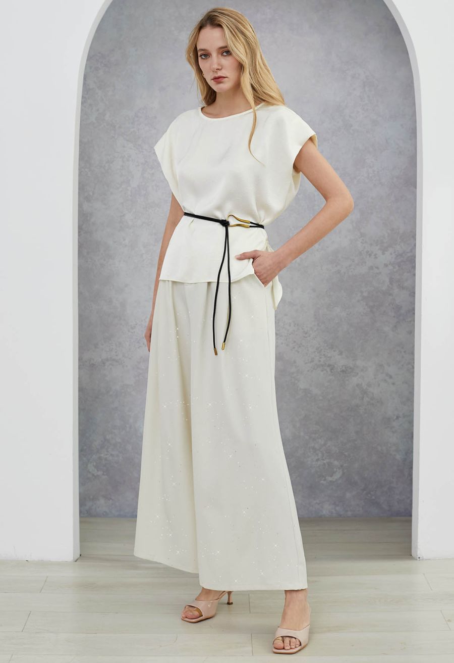 Tie-String Batwing Sleeve Texture Satin Top in Cream