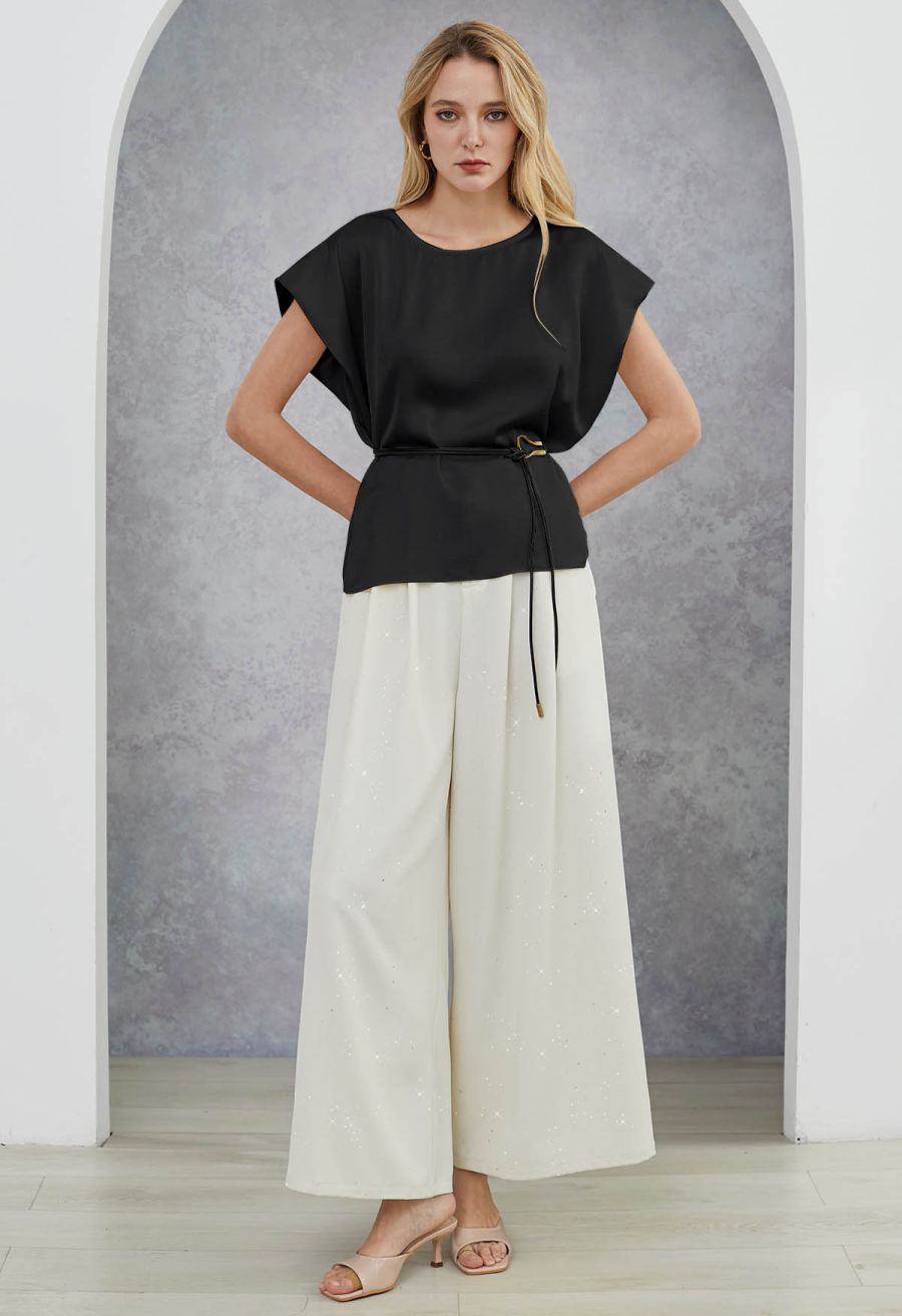 Tie-String Batwing Sleeve Texture Satin Top in Black