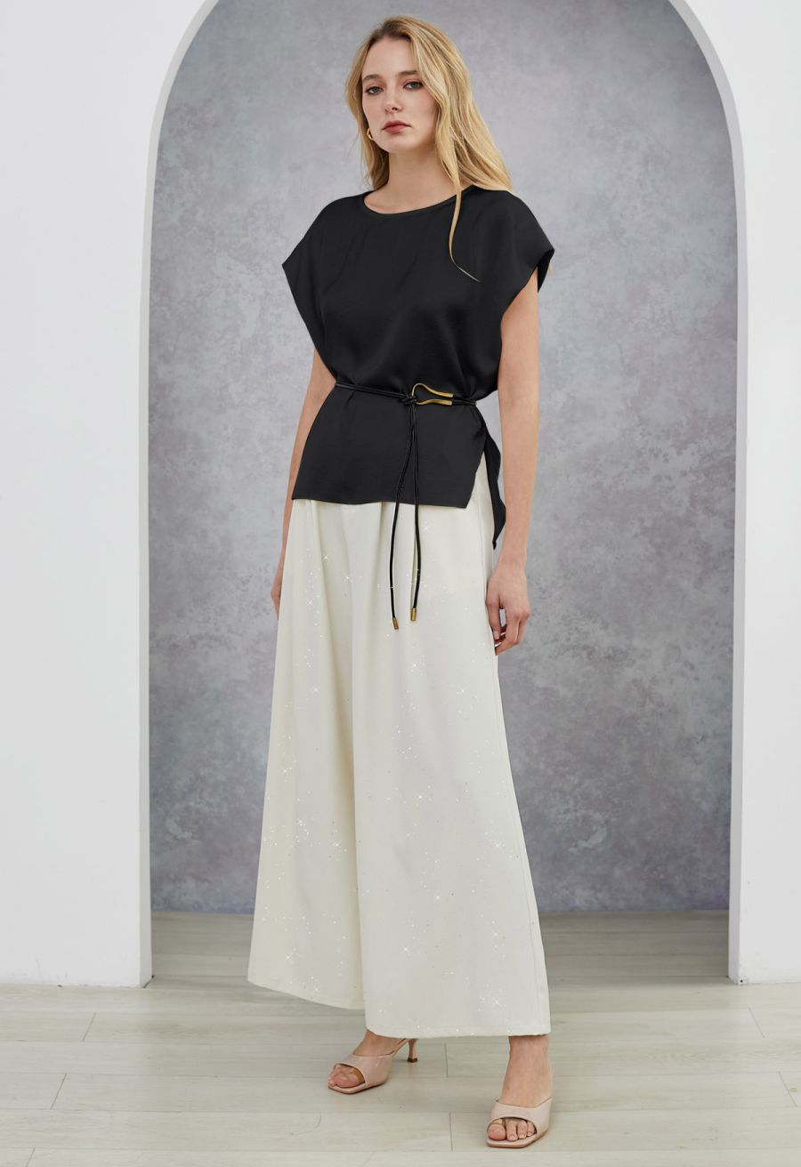 Tie-String Batwing Sleeve Texture Satin Top in Black
