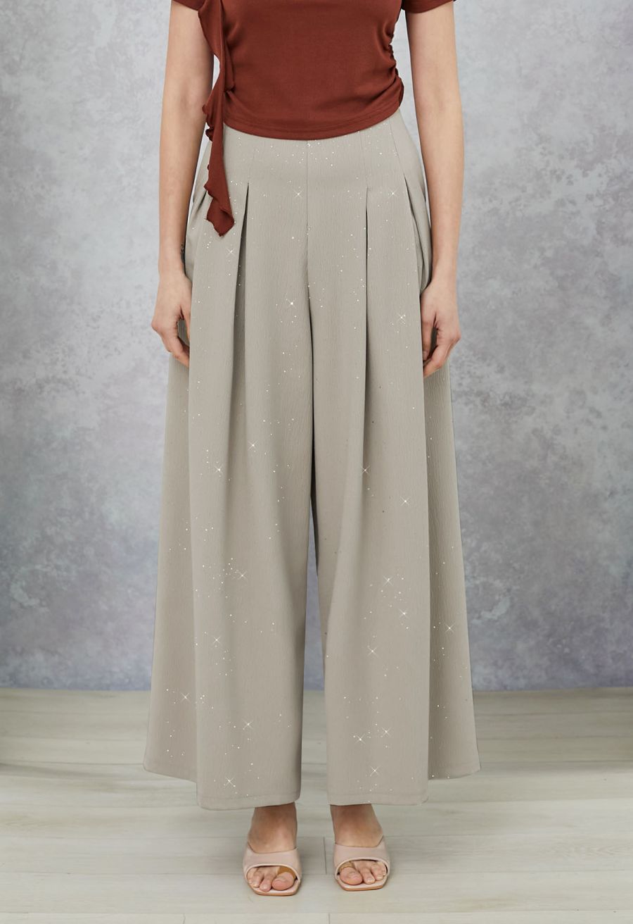 Sequins Embellished Pleats Wide-Leg Pants in Sage