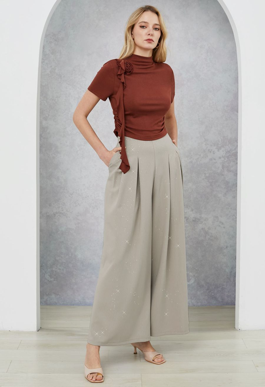 3D Rose Mock Neck Side Ruched Top in Burgundy