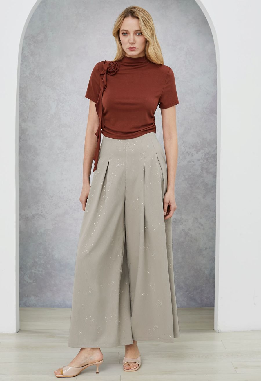 3D Rose Mock Neck Side Ruched Top in Burgundy