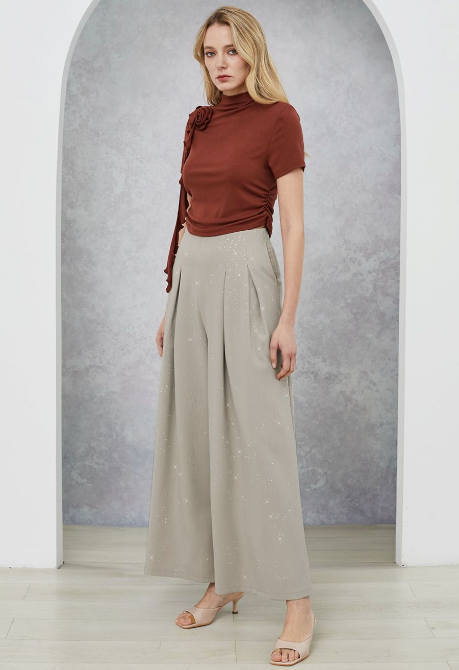 3D Rose Mock Neck Side Ruched Top in Burgundy