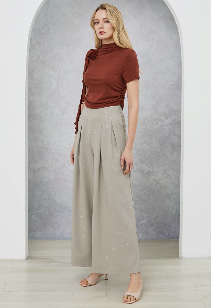 3D Rose Mock Neck Side Ruched Top in Burgundy