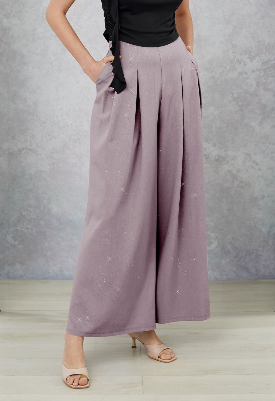 Sequins Embellished Pleats Wide-Leg Pants in Lavender
