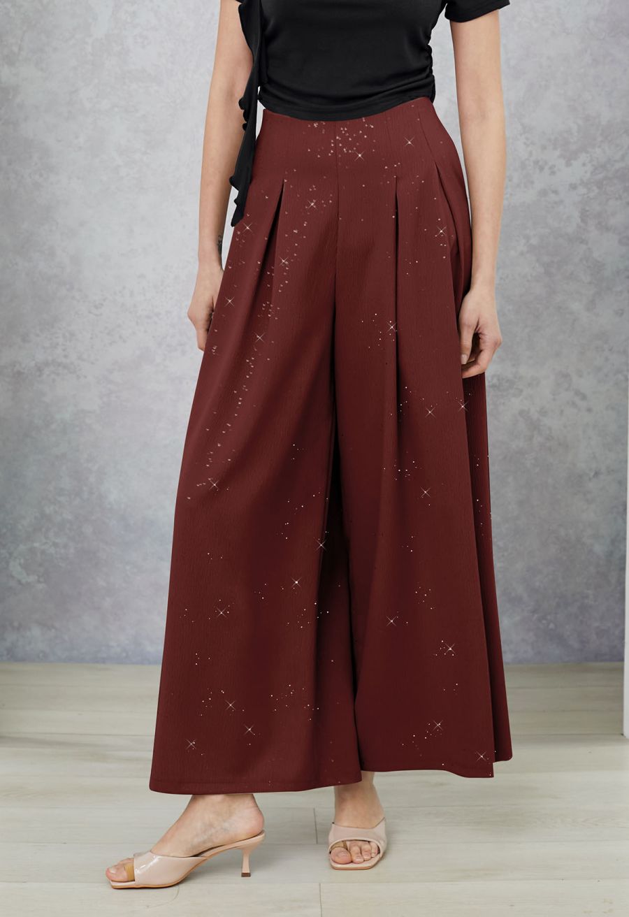 Sequins Embellished Pleats Wide-Leg Pants in Burgundy