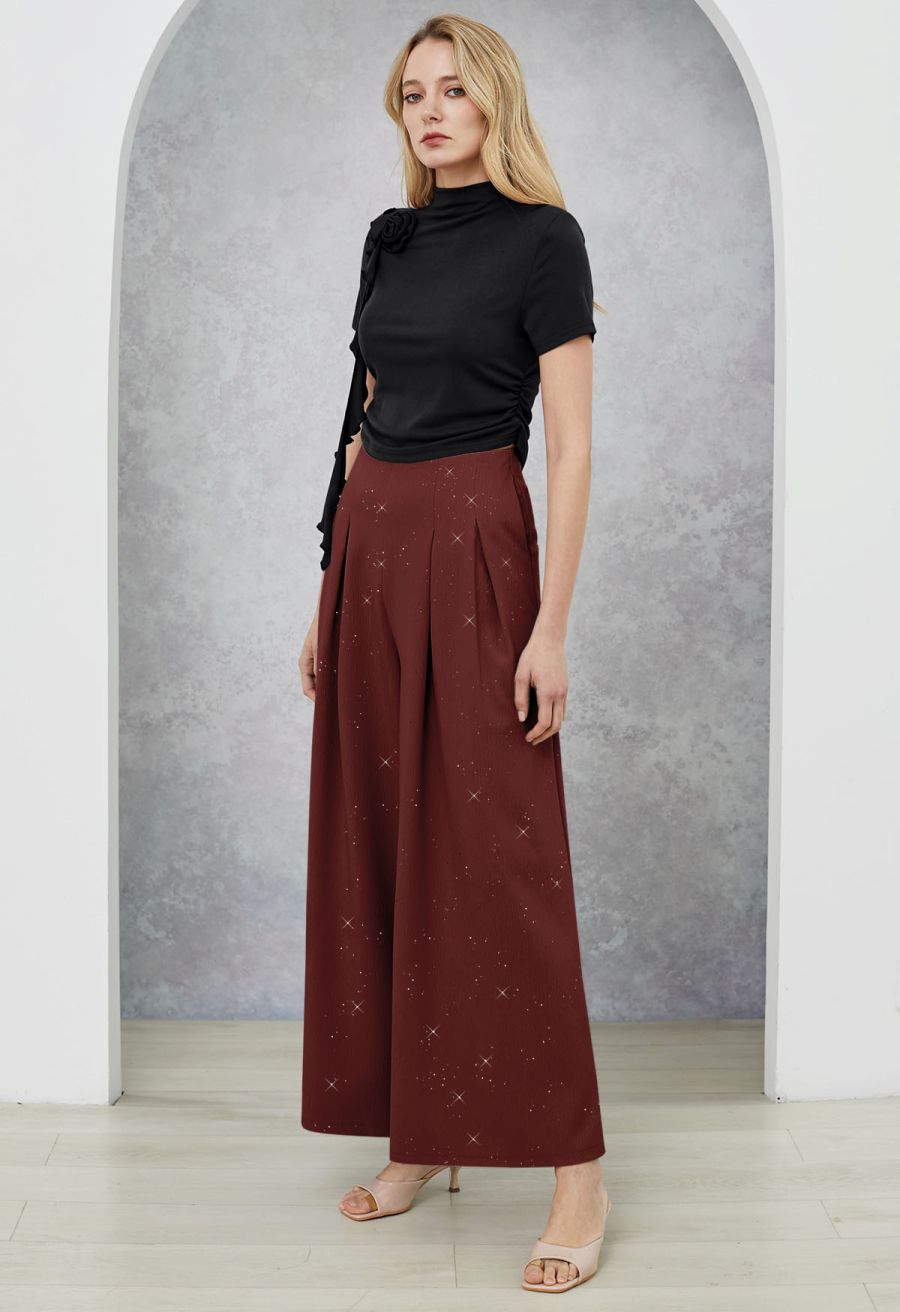 Sequins Embellished Pleats Wide-Leg Pants in Burgundy