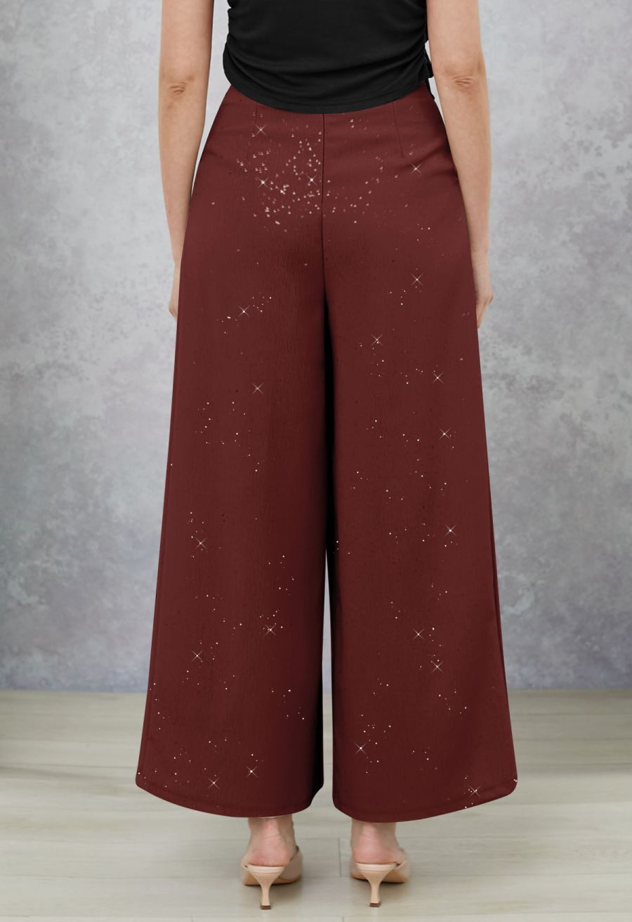 Sequins Embellished Pleats Wide-Leg Pants in Burgundy