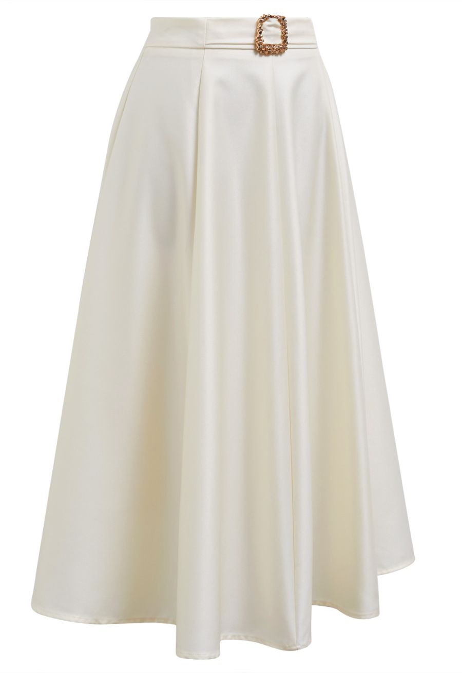 Square Buckle A-Line Satin Midi Skirt in Ivory