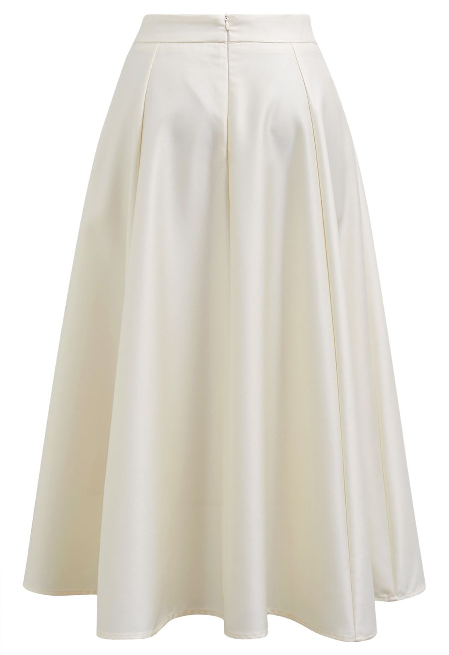 Square Buckle A-Line Satin Midi Skirt in Ivory