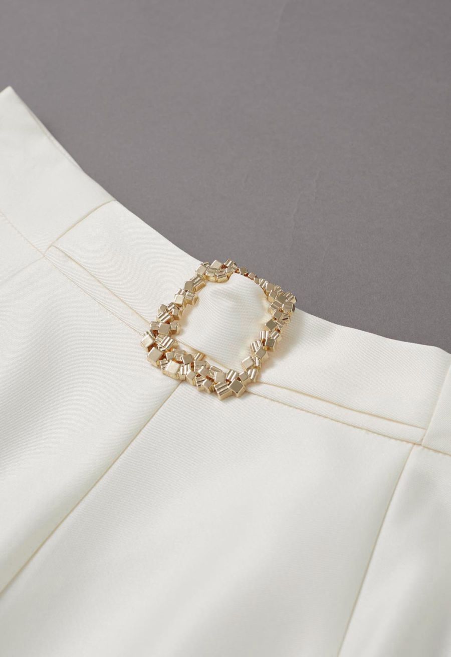 Square Buckle A-Line Satin Midi Skirt in Ivory