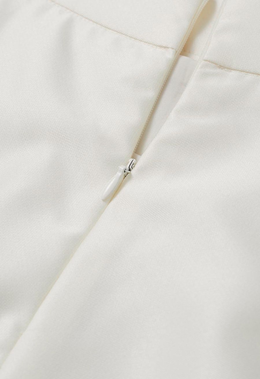 Square Buckle A-Line Satin Midi Skirt in Ivory