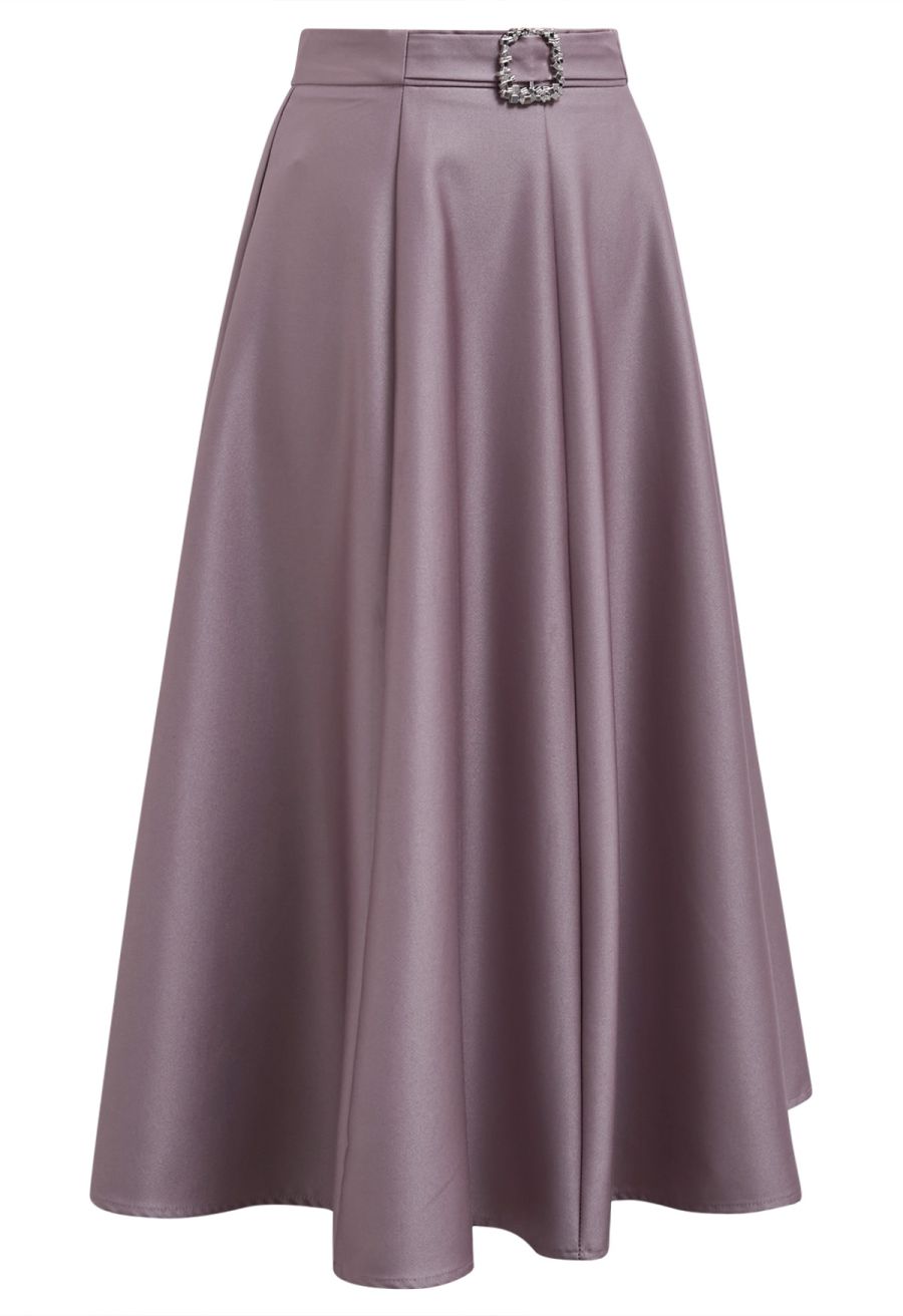 Square Buckle A-Line Satin Midi Skirt in Mauve