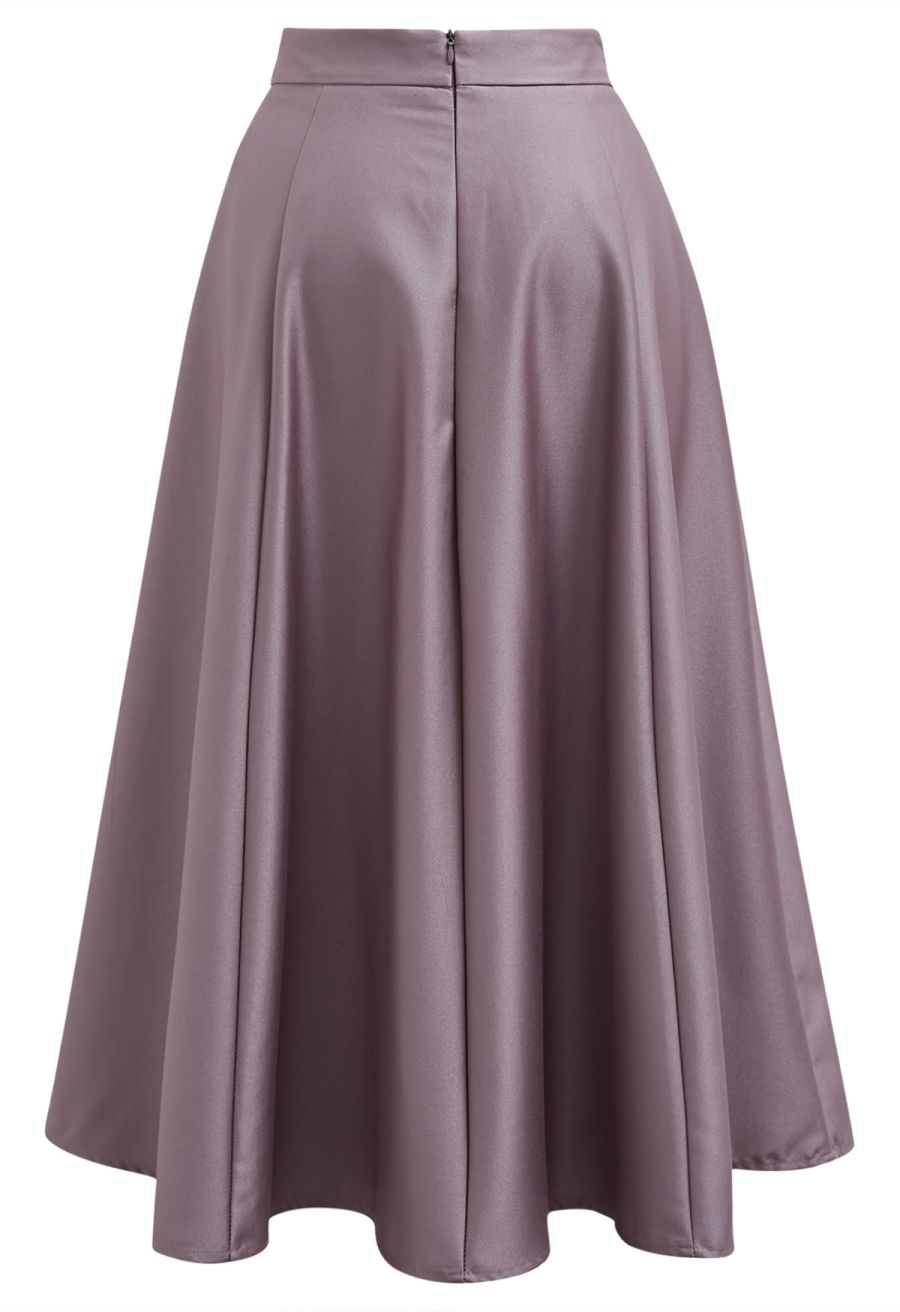 Square Buckle A-Line Satin Midi Skirt in Mauve