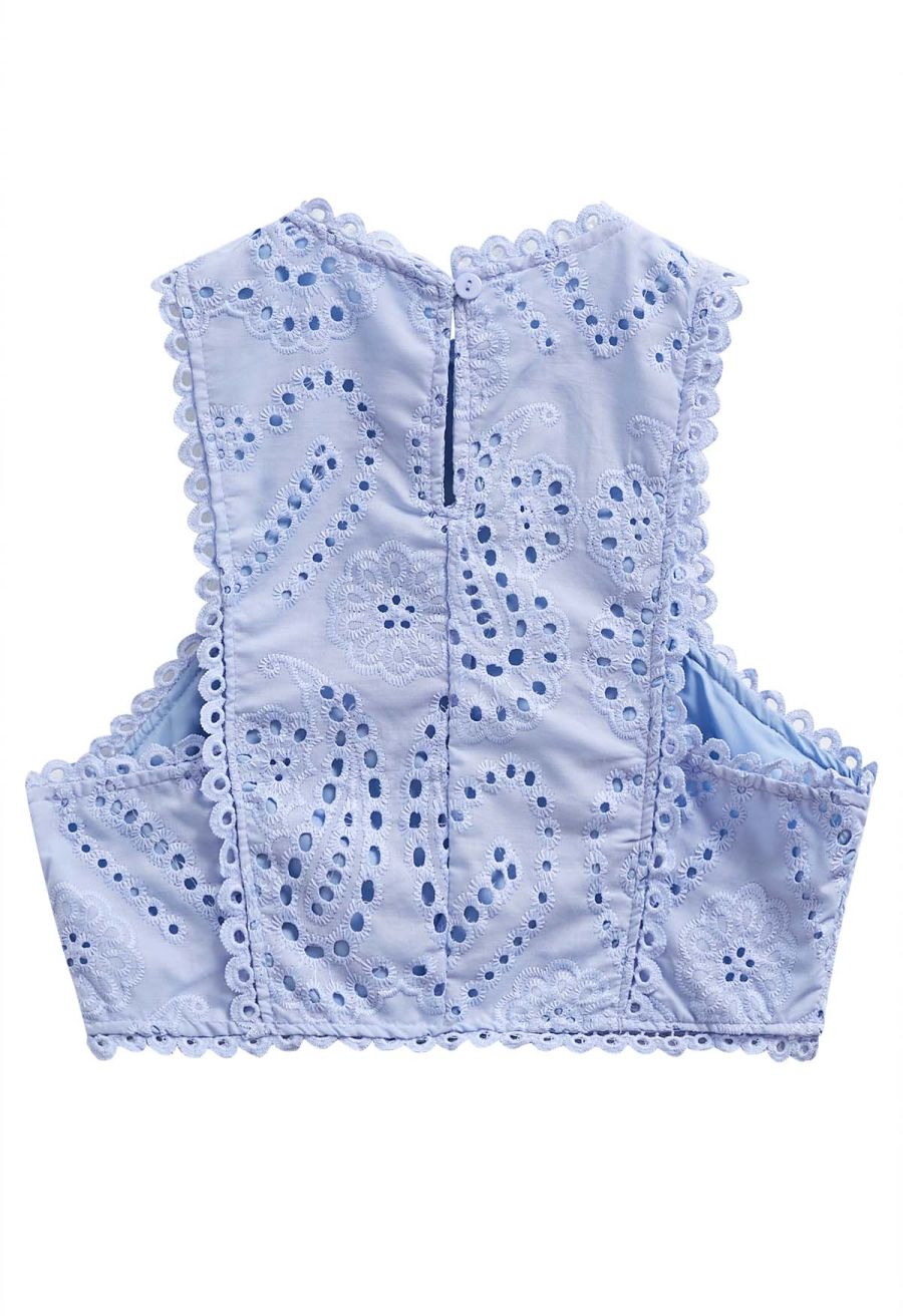 Paisley Eyelet Embroidery Sleeveless Crop Top in Lavender