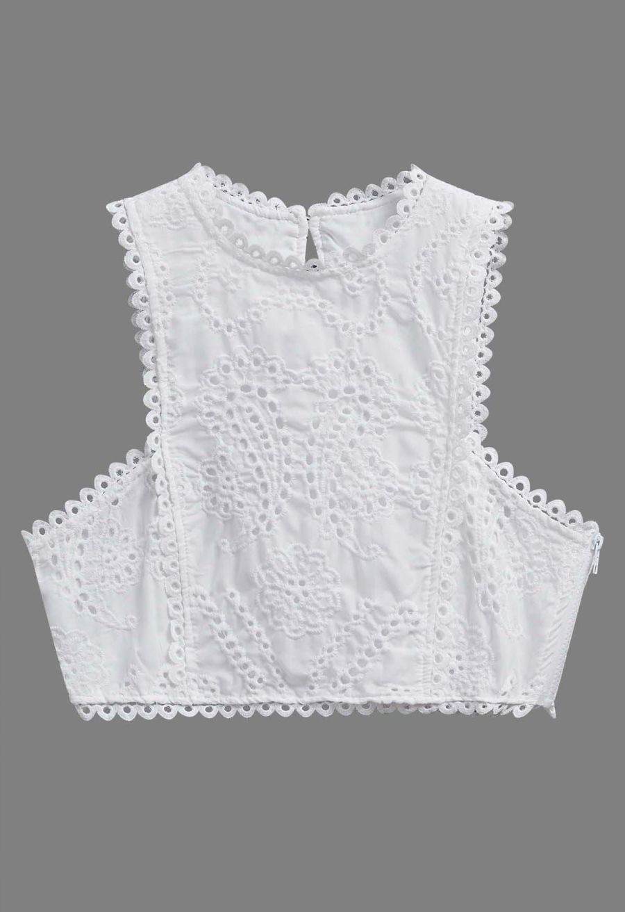 Paisley Eyelet Embroidery Sleeveless Crop Top in White