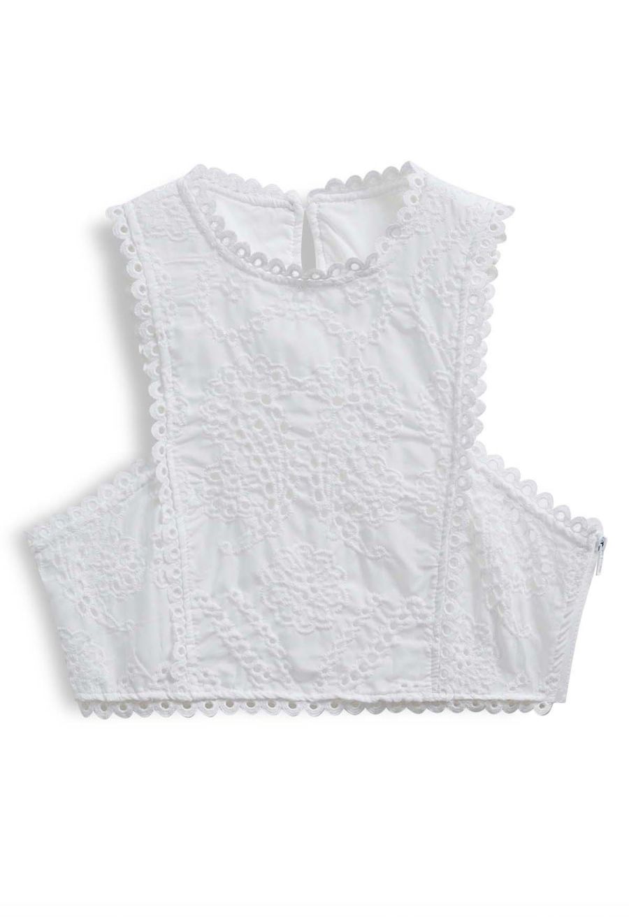 Paisley Eyelet Embroidery Sleeveless Crop Top in White