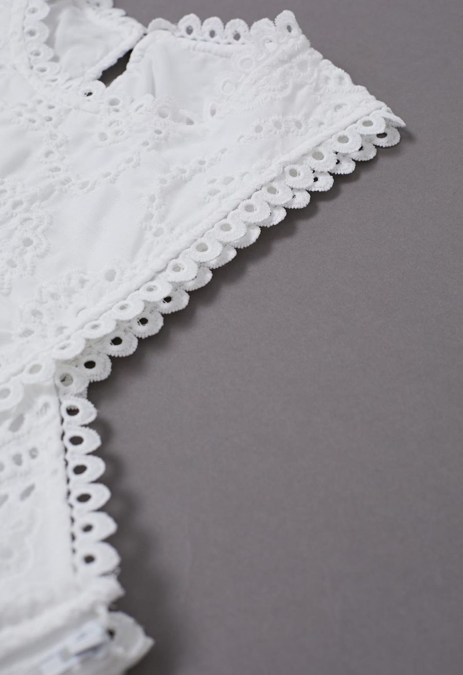 Paisley Eyelet Embroidery Sleeveless Crop Top in White