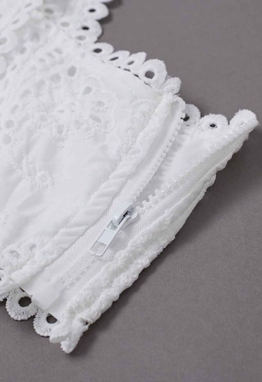 Paisley Eyelet Embroidery Sleeveless Crop Top in White