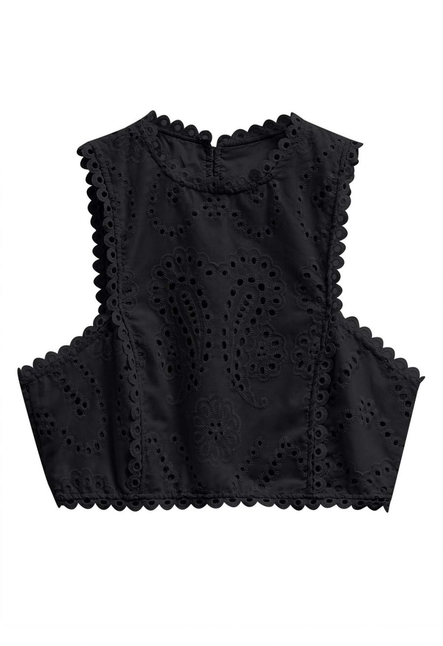 Paisley Eyelet Embroidery Sleeveless Crop Top in Black