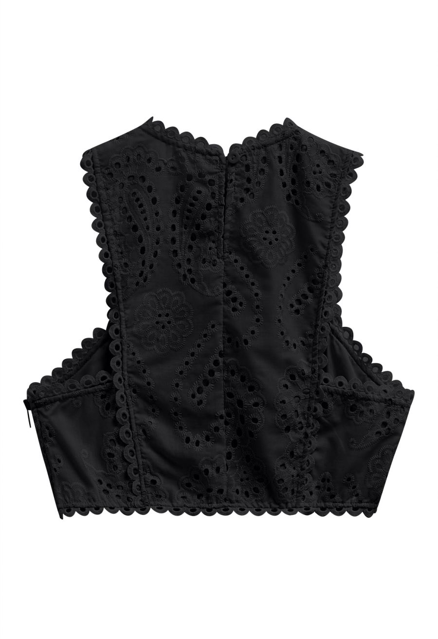 Paisley Eyelet Embroidery Sleeveless Crop Top in Black