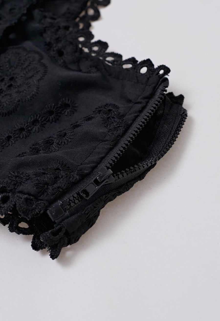 Paisley Eyelet Embroidery Sleeveless Crop Top in Black