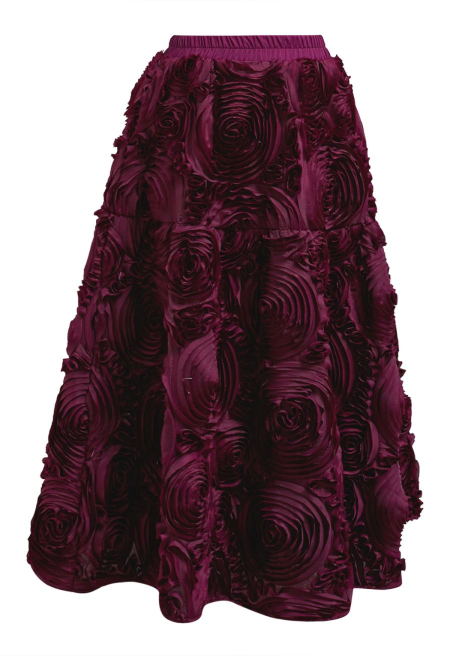 Gorgeous 3D Rose Petal A-Line Midi Skirt in Burgundy