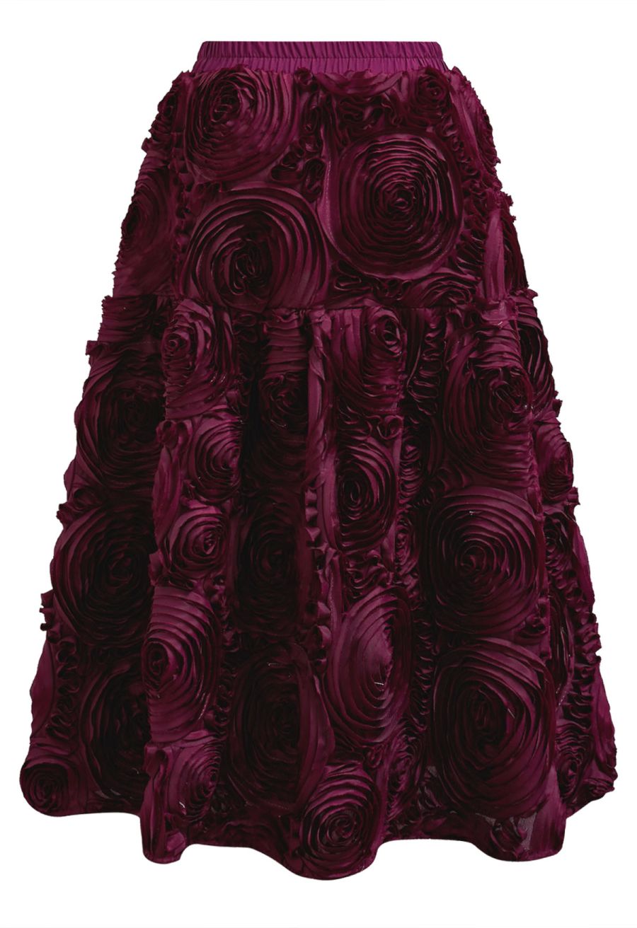 Gorgeous 3D Rose Petal A-Line Midi Skirt in Burgundy