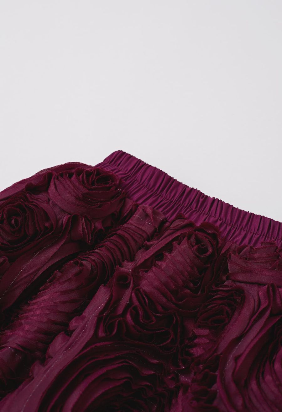Gorgeous 3D Rose Petal A-Line Midi Skirt in Burgundy