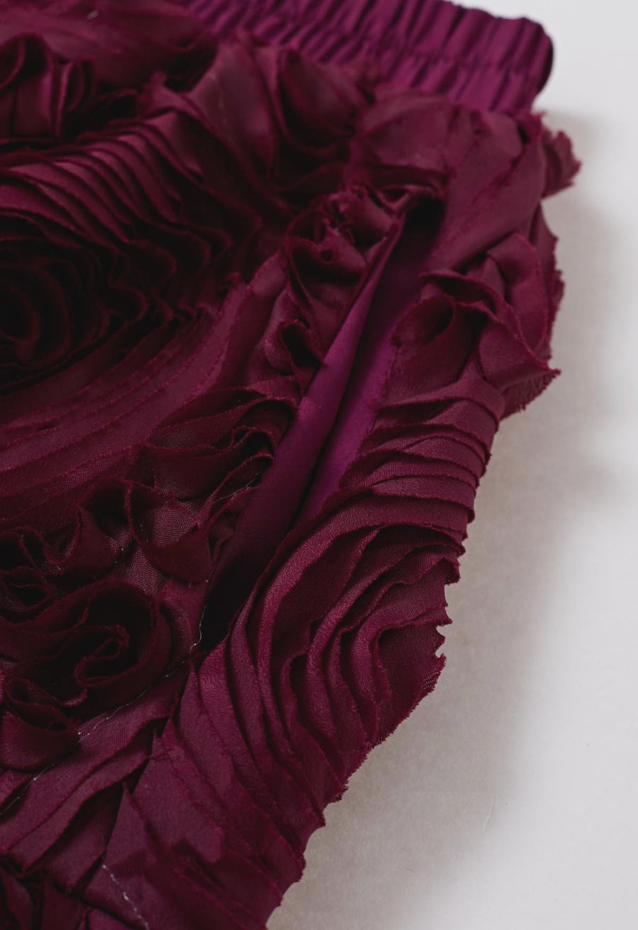 Gorgeous 3D Rose Petal A-Line Midi Skirt in Burgundy