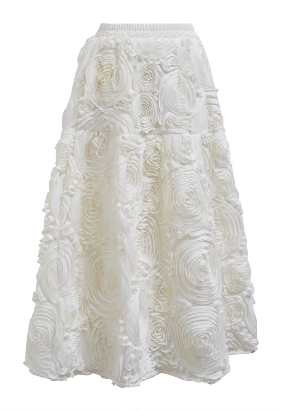 Gorgeous 3D Rose Petal A-Line Midi Skirt in Cream