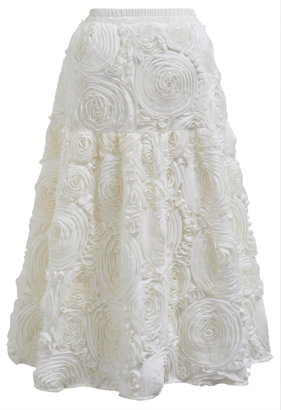 Gorgeous 3D Rose Petal A-Line Midi Skirt in Cream