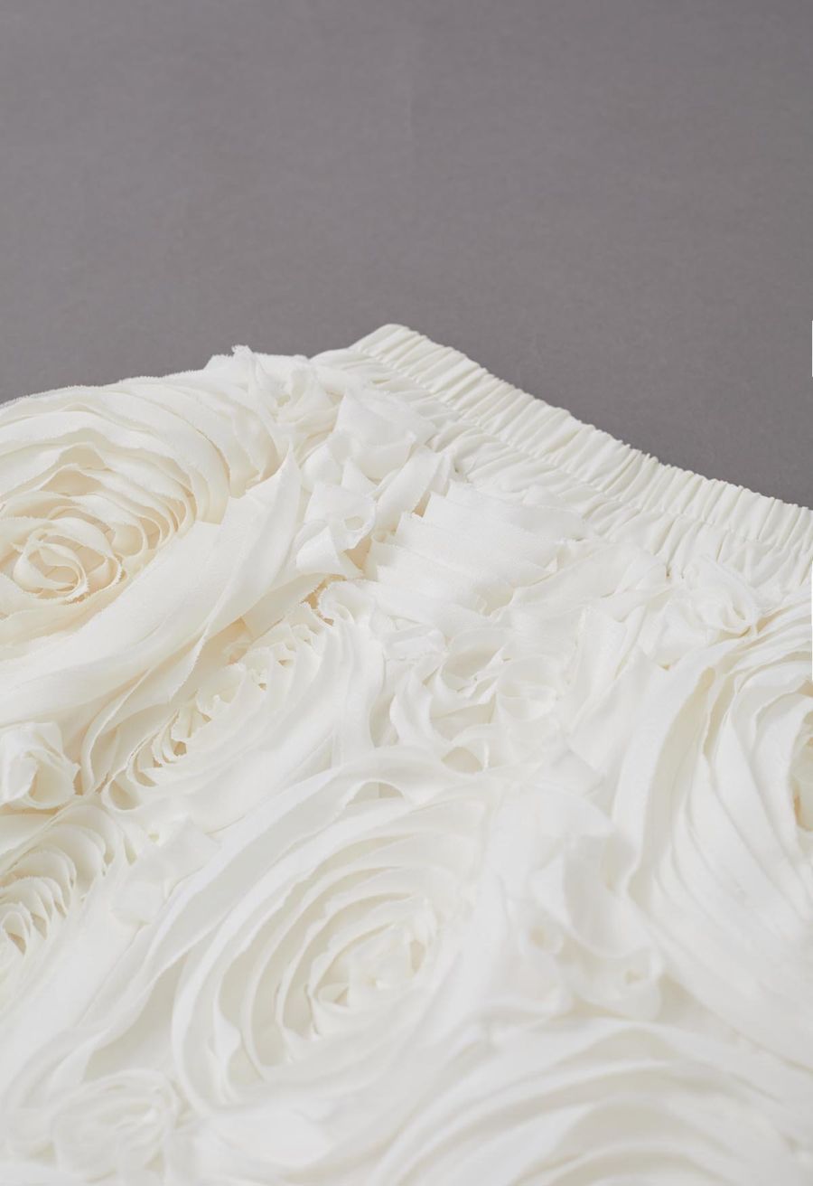 Gorgeous 3D Rose Petal A-Line Midi Skirt in Cream