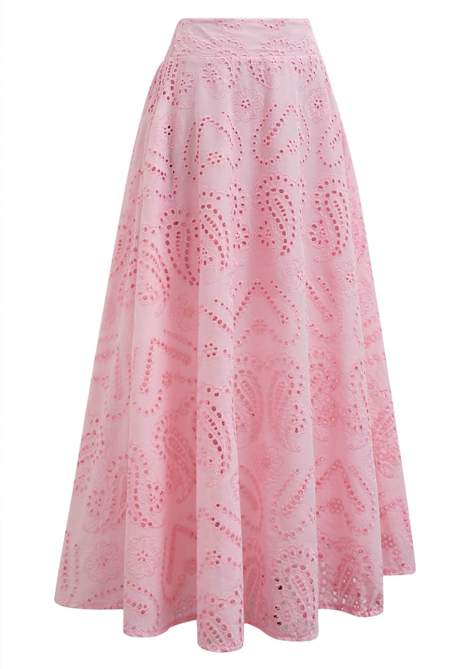 Paisley Eyelet Embroidery High-Waist Shirred Back Maxi Skirt in Pink