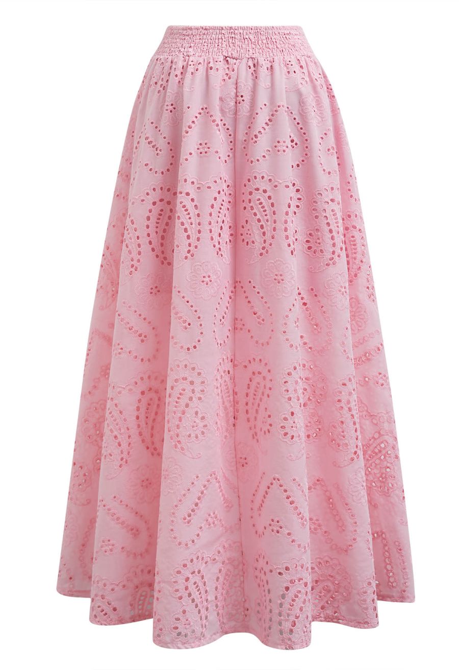 Paisley Eyelet Embroidery High-Waist Shirred Back Maxi Skirt in Pink