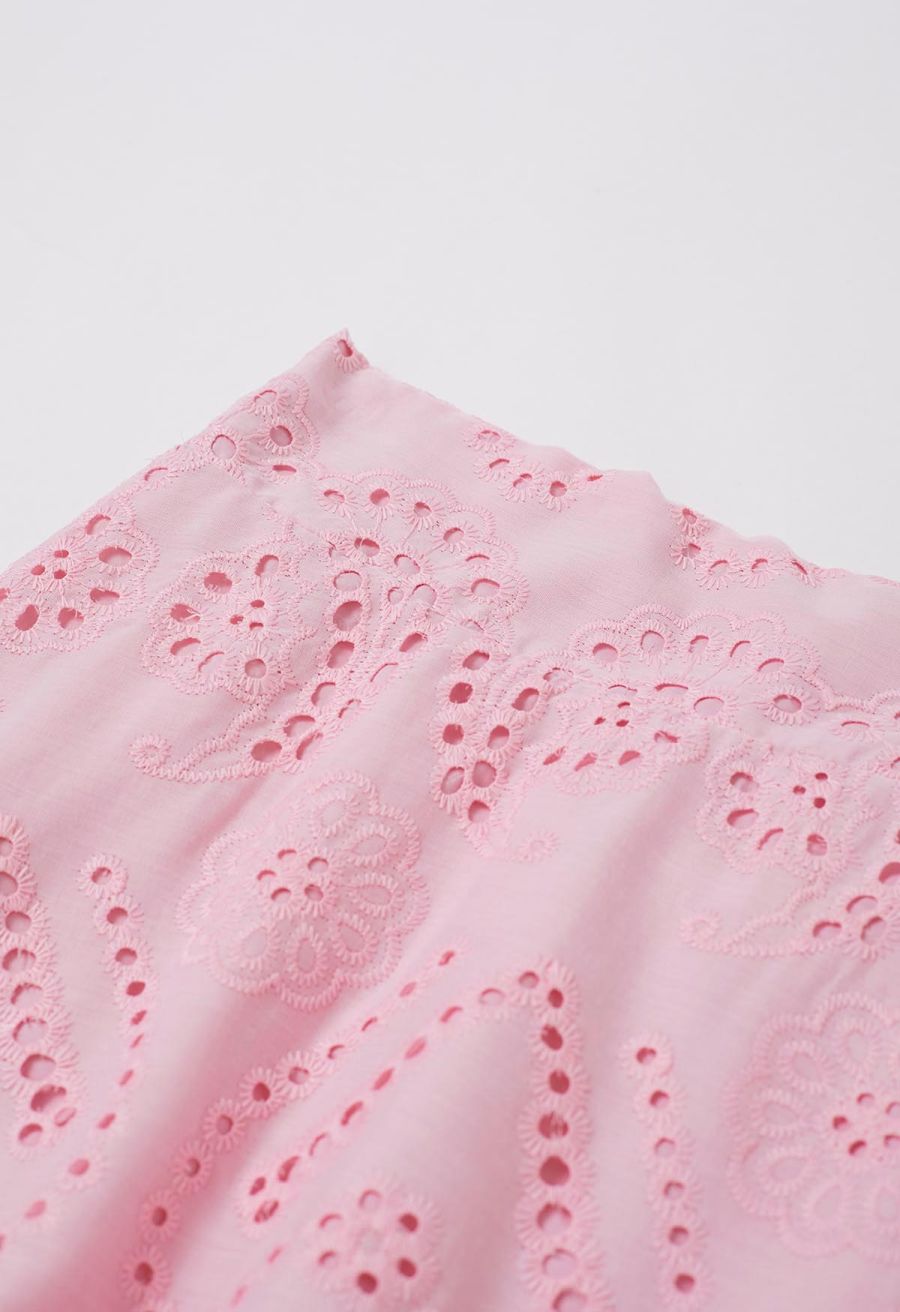 Paisley Eyelet Embroidery High-Waist Shirred Back Maxi Skirt in Pink
