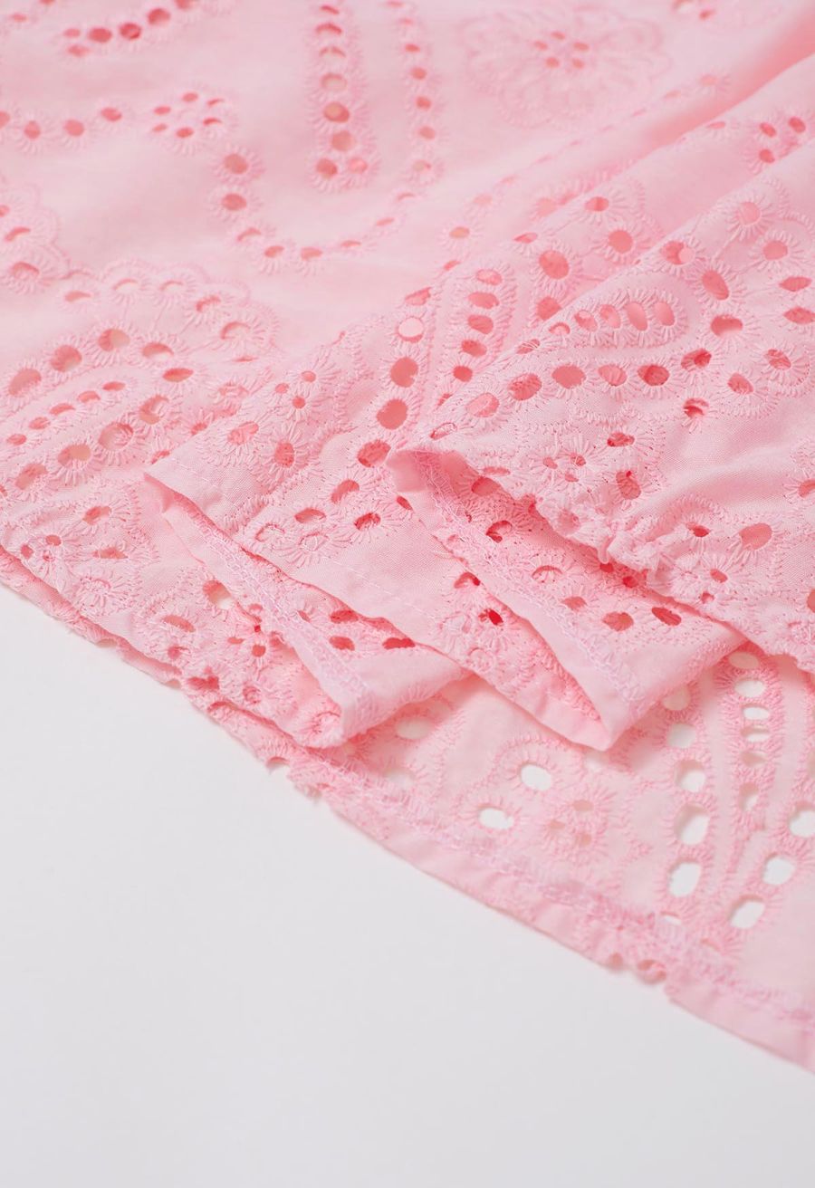 Paisley Eyelet Embroidery High-Waist Shirred Back Maxi Skirt in Pink