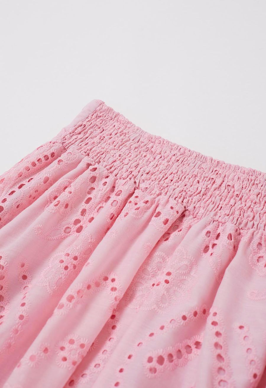 Paisley Eyelet Embroidery High-Waist Shirred Back Maxi Skirt in Pink