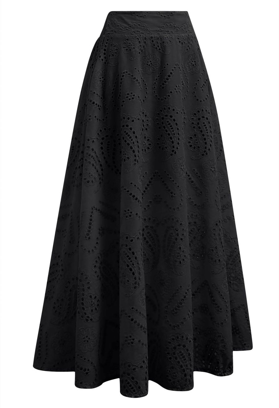 Paisley Eyelet Embroidery High-Waist Shirred Back Maxi Skirt in Black