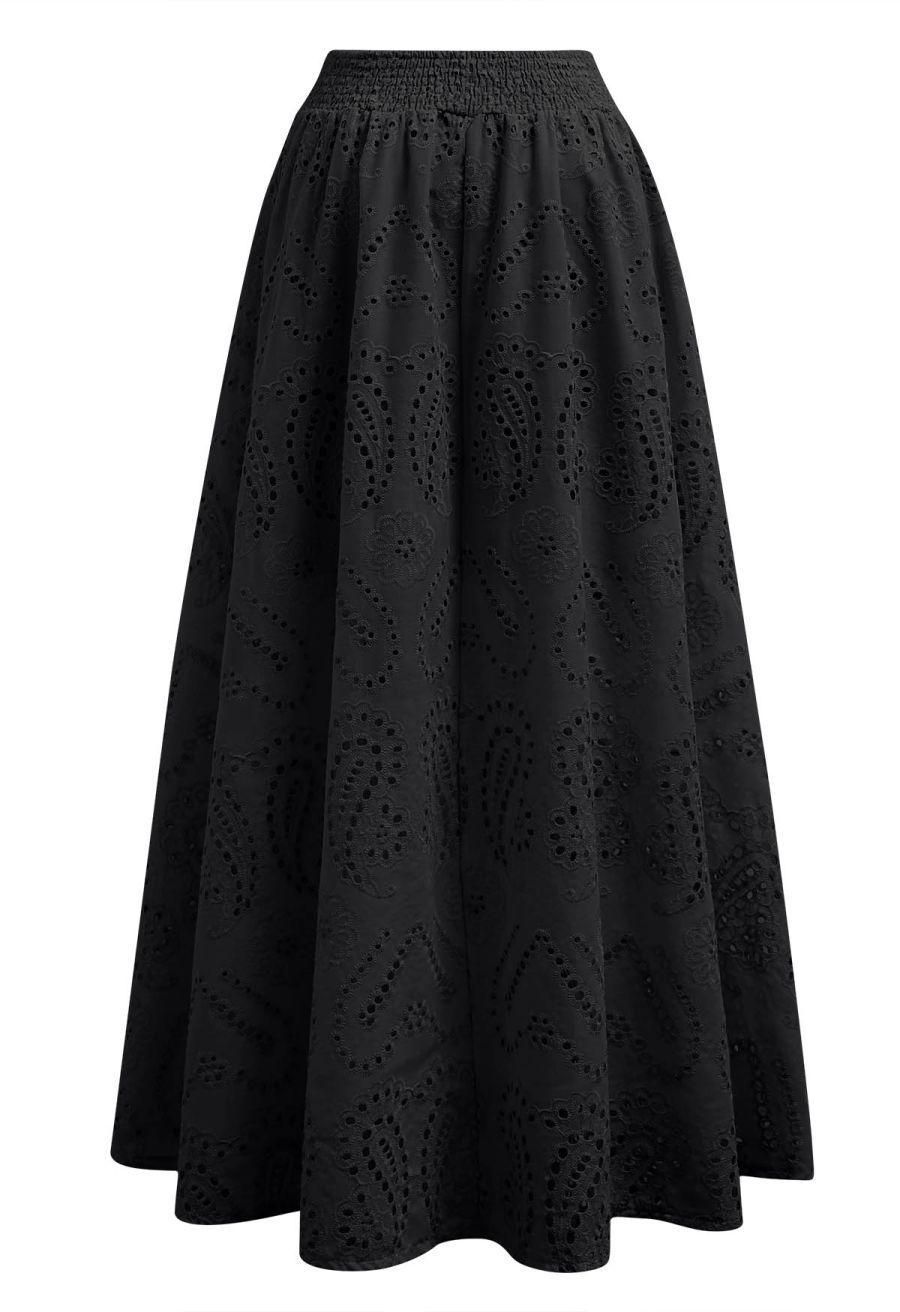 Paisley Eyelet Embroidery High-Waist Shirred Back Maxi Skirt in Black