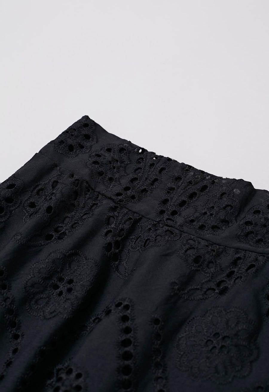 Paisley Eyelet Embroidery High-Waist Shirred Back Maxi Skirt in Black